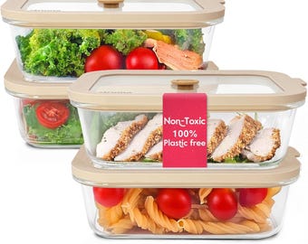 Plastic Free Glass Food Storage Containers: Non-Toxic, Platinum Silicone, Oven & Freezer Safe - 35 Oz - 4 Pack