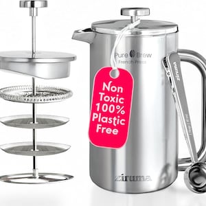 May include: Stainless steel French press coffee maker with a matching measuring scoop. The press is labeled "Pure Brew French Press" and has a pink tag that reads "Non Toxic 100% Plastic Free". The press is disassembled to show the internal components.