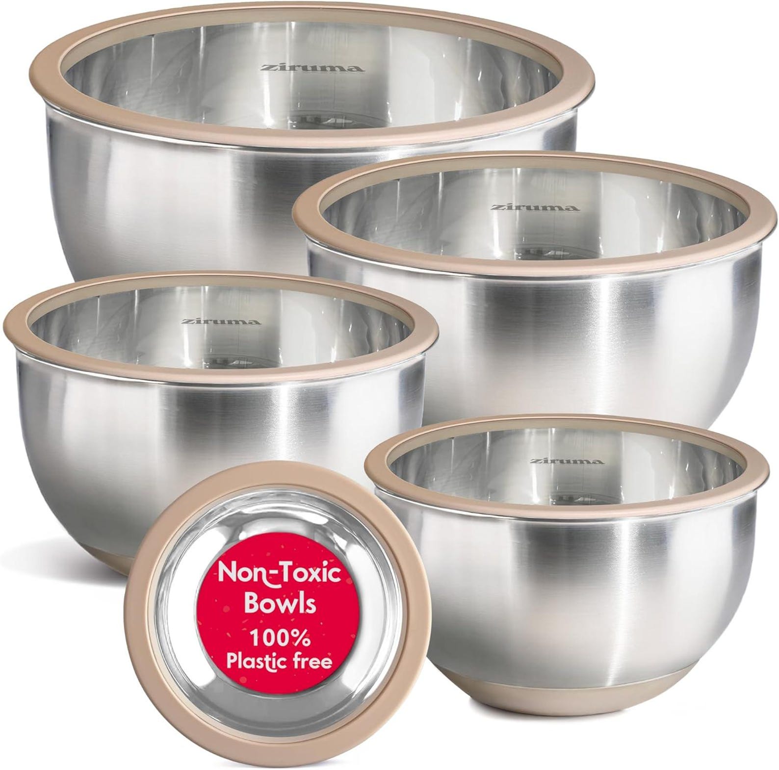 Non-Toxic Stainless Steel Mixing Bowls Set – Surgical Grade 304 Steel- Glass Lids with Platinum Silicone | 5-Piece Plastic-Free Kitchen Gift