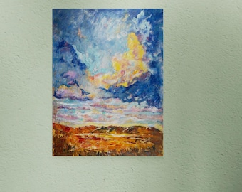 Sunrise Sky Oil Painting: Large Contemporary Landscape Art (30x24), Clouds wall art, Canvas