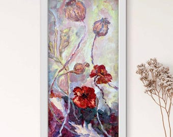 Red poppy painting on canvas Original art Modern floral acrylic artwork Botanical wall art Nature home decor