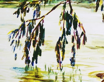 Pintura acrílica junto al río: arte impresionista de paisaje lacustre (30,5 x 20,3 cm)