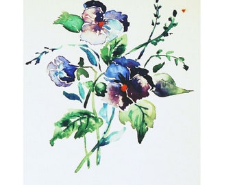 May include: A watercolor painting of a cluster of pansies featuring shades of deep purple, blue, and white petals with bright orange centers, accompanied by green leaves and thin stems on a plain white background.