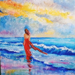 Sunset Seascape Oil Painting: Woman on Beach, Coastal Wall Art (12x16)
