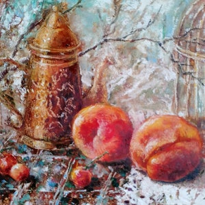Original Oil Painting: Peach & Cherry Still Life with Copper Teapot,
