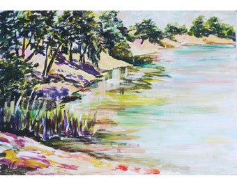 Pintura original de lago: obra de arte de paisaje acrílico, 8x12