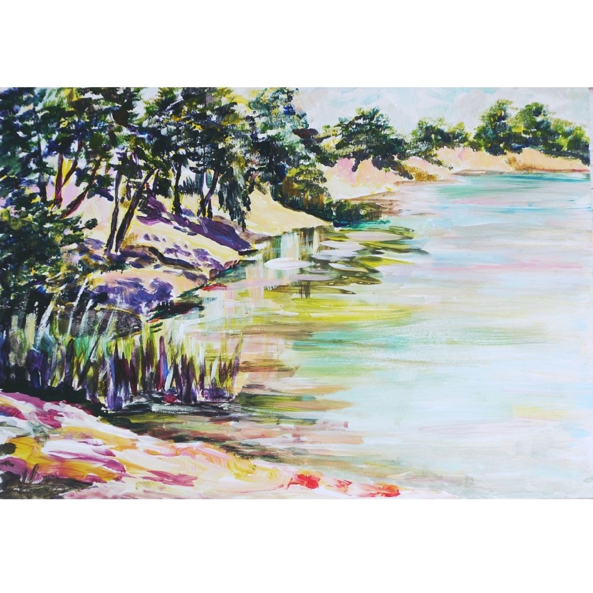 オリジナルの湖の絵画：アクリル風景画、8x12 - Etsy 日本