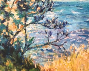 May include: A painting of a seascape with a tree in the foreground. The tree has green and yellow leaves and branches that extend over the water. The water is blue and white and has a textured look. The sky is light blue and white.
