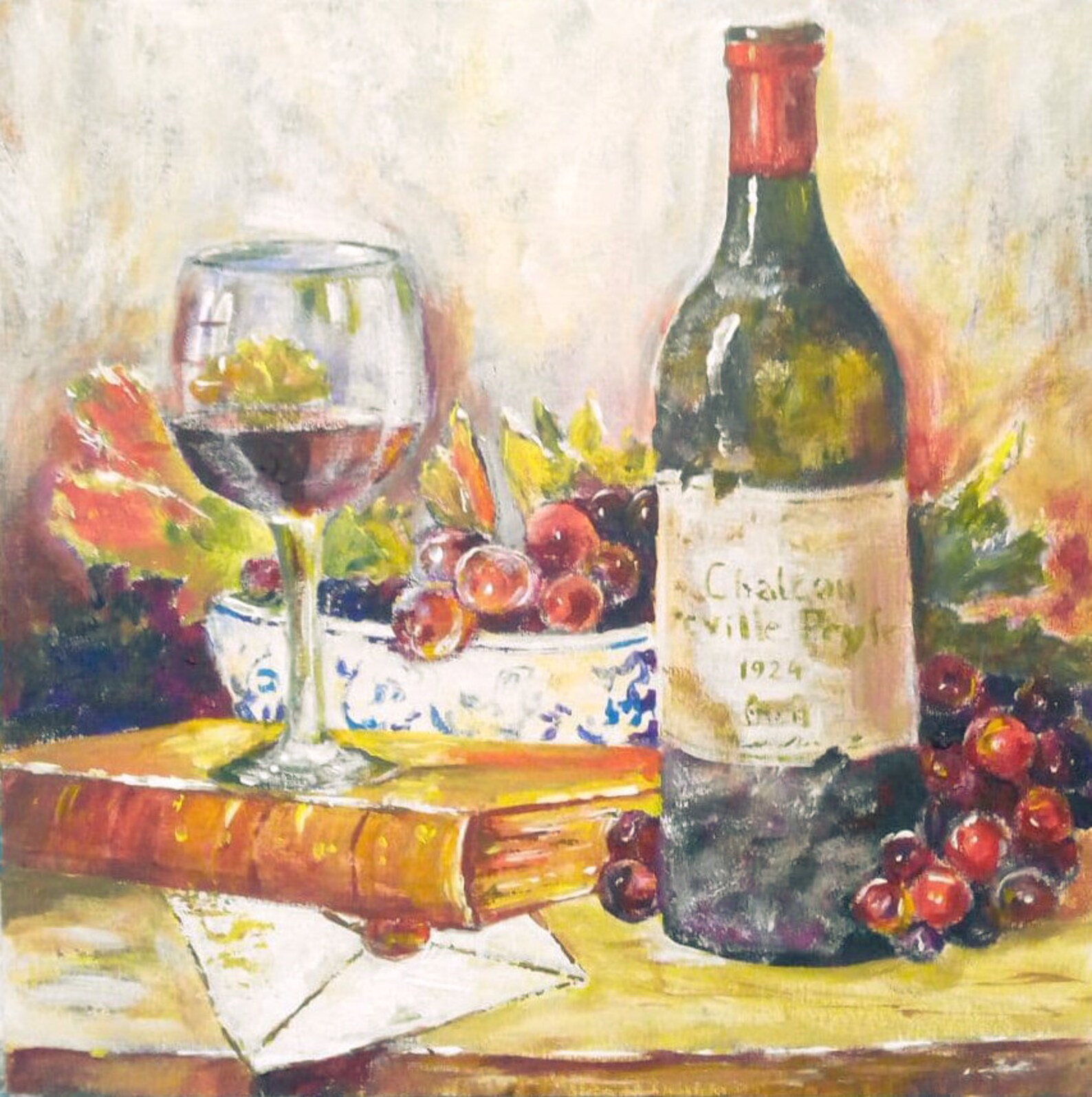 Wine and Grapes Original Painting Still life Art Old Bottle Etsy
