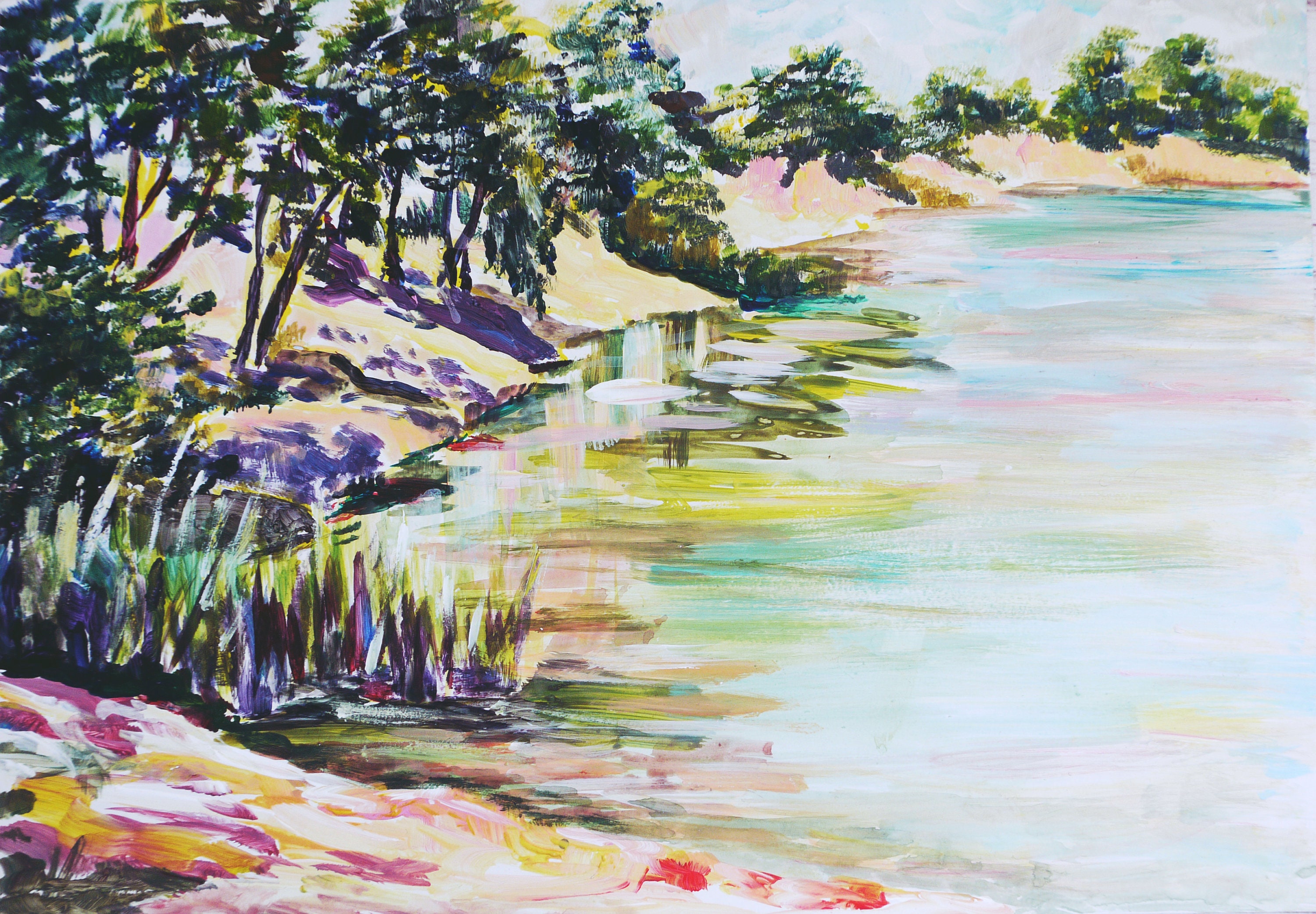 オリジナルの湖の絵画：アクリル風景画、8x12 - Etsy 日本