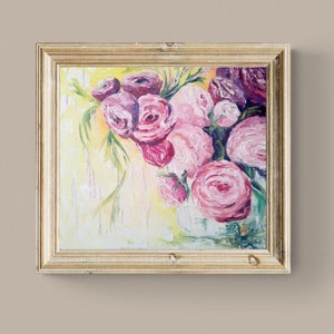 キャンバスに描かれた抽象的なバラの花の油絵、オリジナルのテクスチャの大きな壁の装飾、花の厚塗りの壁アート、紫のバラのアート