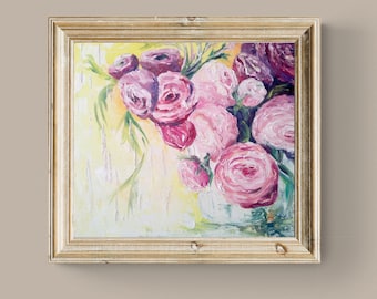 キャンバスに描かれた紫のバラの油絵 花の抽象芸術作品 テクスチャの