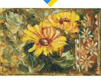 Sunflower Painting Original Print Canvas Landscape Sunflowers Flower Wall Art  Ukrainian Ornament 12 by 8 Meadow Art by BeeTArtistGallery