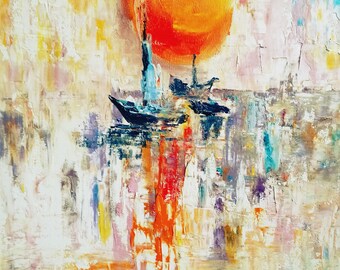 Sunset Sailboat Painting: Original Impasto Seascape Oil Artwork (16x12)