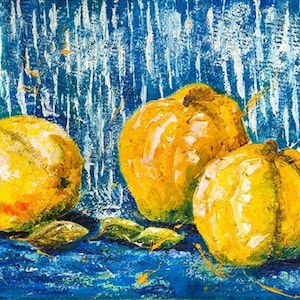 Yellow Quince Painting: Impasto Still Life, Modern Kitchen Art