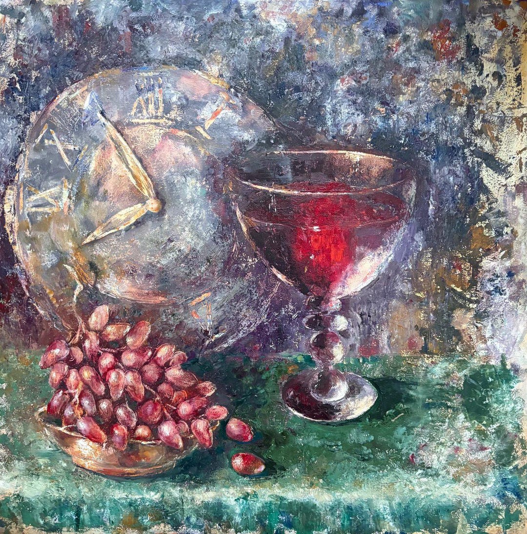 Wine and Grapes Original Oil Painting Still Life With Vintage Clock ...