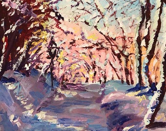 Winter Forest Acrylic Painting 12x8 Snowy Path in Blue and White Landscape