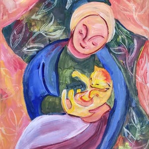 Woman and Cat Painting: Original Female Artwork, 14x20, canvas