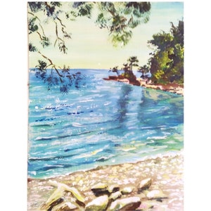 Original Seascape Painting: Mediterranean Beach Art, 12x8 Coastal Artwork