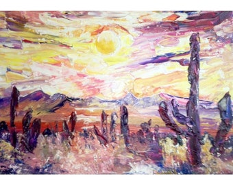 Original Desert Cactus Impasto Painting: Arizona Sunset Landscape Art (5x7)