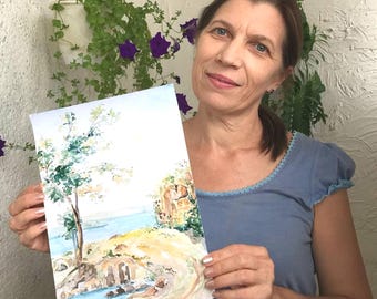 Aquarel Italiaanse villa: kleine muurkunst Toscaans landschap (12 x 8)