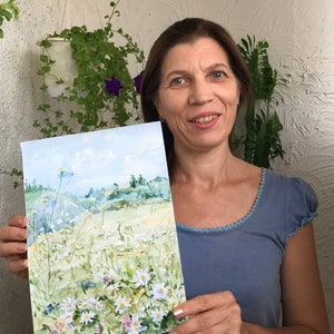 Daisy Original Painting Watercolor Artwork Floral Meadow Art 12 by 8 Garden Wall Art Flower field wall decor by BeeTArtistGallery