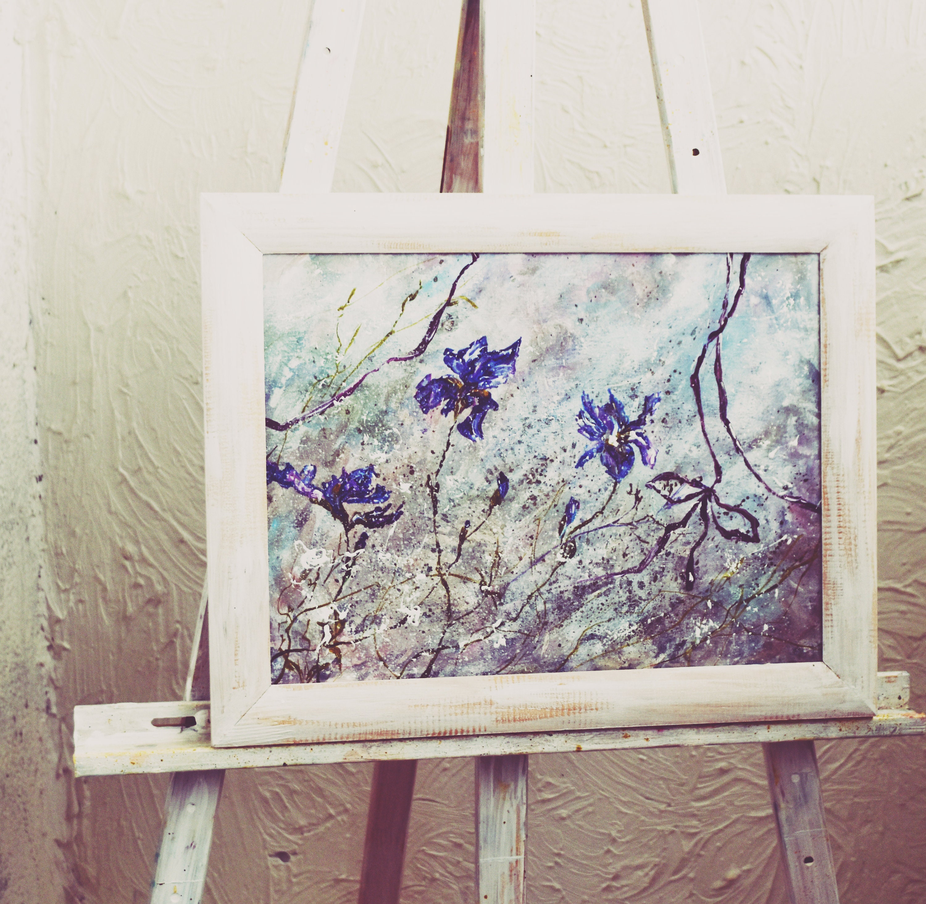 Schäbige schicke Iris original Gemälde Blume Wand kunst blau | Etsy