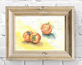 Kaki-Gemälde, Früchte, Original-Kunst, 8 x 12, kleines Pastell-Kunstwerk, Stillleben, Wandkunst, Einweihungsgeschenk von der Ukraine, Shop BeeTArtistGallery