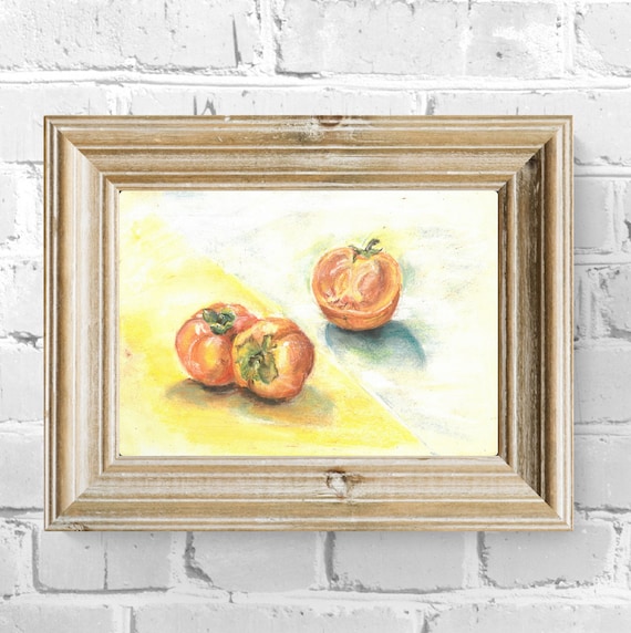 【柿】絵画 柿のパステル画：小さな静物画フルーツアート（8x12） - Etsy 日本
