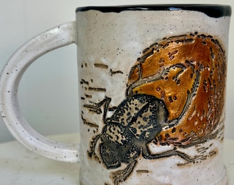 Dung Beetle Mug- 14 oz Handmade Pottery Art, African  Safari Dung Beetles wildlife
