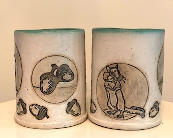 Chipmunks Mug Set- Handmade Pottery Chipmunk Art Mug, Acorn Art