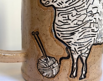 Knitter’s Favorite Mug-Handmade Pottery Mug for Someone Who Loves to Knit! Two Sheep and balls of yarn with knitting needles, great gift.