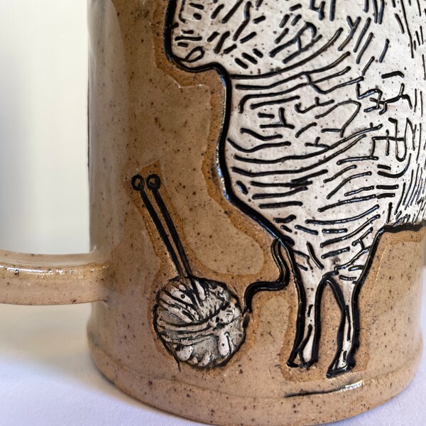 Knitter’s Favorite Mug-Handmade Pottery Mug for Someone Who Loves to Knit! Two Sheep and balls of yarn with knitting needles, great gift.