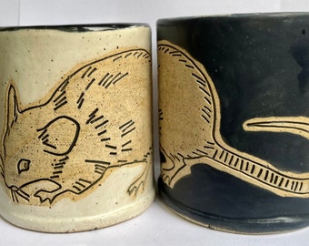 Smallest Rat Mug Set of 2- Handmade Pottery Mug Rat Art with Vintage Toy Image