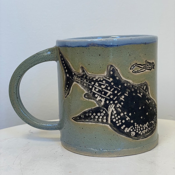 Whale Shark encounter mug-Handmade pottery art mug for people fascinated by whale sharks!