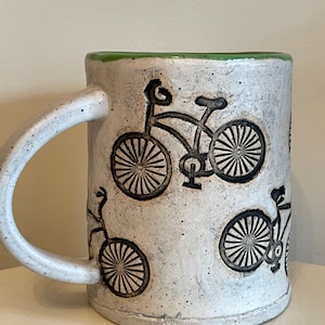 Indian Wood Block Print Bicycle Mug- Handmade Pottery Mug bicycle art mug, mountain bike mug , cyclist