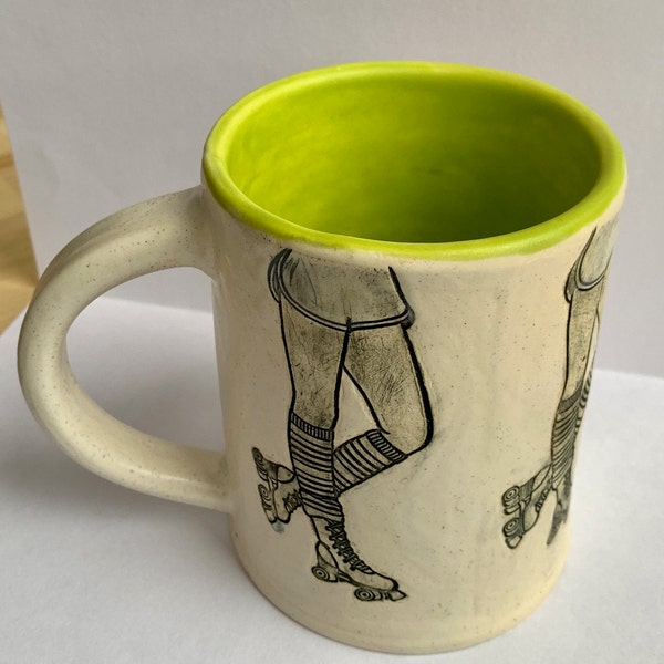 Rollergirl! A handmade ceramic Pottery coffee mug art with Retro 70s and 1980s rollerskating theme Derby Roller Skater!