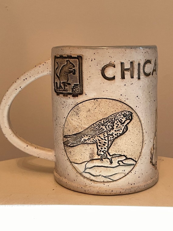 Chicago Pride Wildlife Mug- Handmade Pottery Mug including the Chicago Flag, the Rat, Peregrine Falcon, and P iping Plover