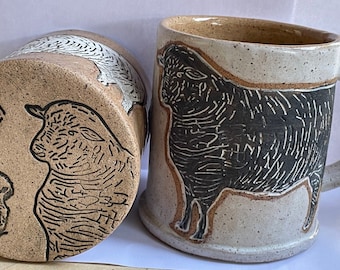 Black Sheep/White Sheep + Lamb Stamp Mug Set -Handmade Pottery Sheep Art Mug