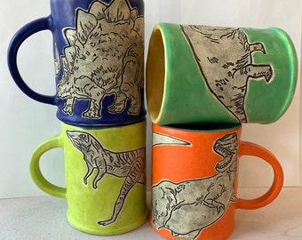 Dinosaur Obsessed Handmade Mugs - Dinosaur Art - unique handmade prehistoric art - Dino Art - T-Rex art  -  Jurassic pottery for all ages