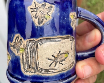 Fireflies In A Jar Mug - Handmade Firefly Art, Lightening Bug Pottery Mug, summer memories Art, campfire art, favorite insects Art