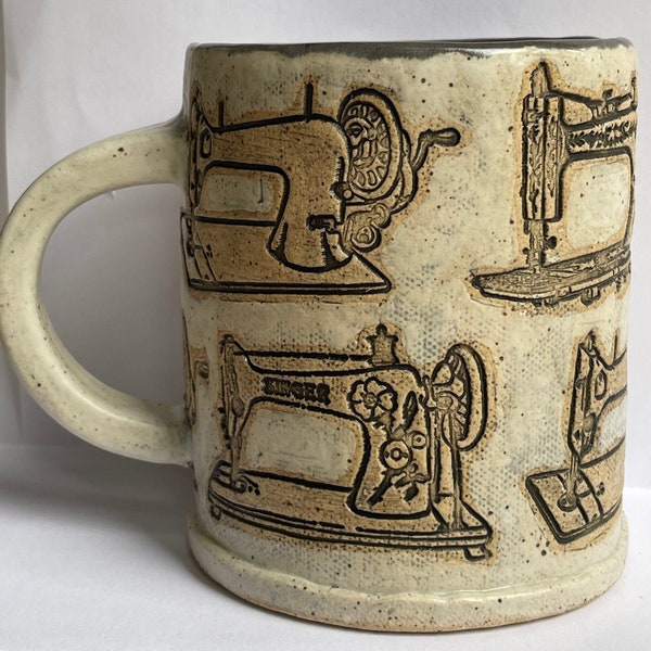 Sewing Machine Handmade  Pottery Mug with Vintage Sewing machines for those who love the arts that involve stitches!! Quilting. Knitting