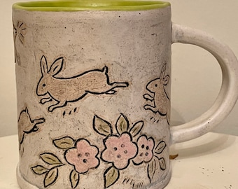 Bunnies and Birds Mug- Handmade Pottery Mug, Vintage Animal Art - Handmade Rabbit Gift, Year of the rabbit 2023, low Key Easter Bunny Mug