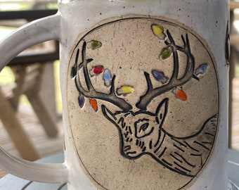 Deer in Holiday Lights Mug- Handmade Pottery Mug Deer Art