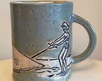 Shark and Water-skier  Mug- Handmade Pottery Shark Art, unique and Funny Shark Art, Pottery Mug, retro Water Ski Art. lake life