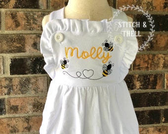 Personalized BUMBLE BEE Sunsuit Bubble Romper, Bumble Bee Sunsuit Romper, Girls Sunsuit, Bee-Day Outfit, Bumble Bee Birthday