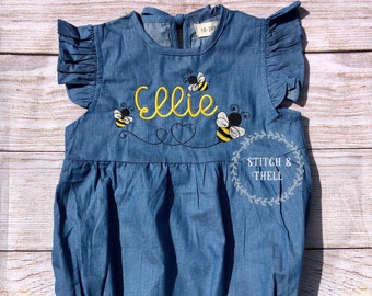 Personalized BUMBLE BEE Denim Bubble Romper, Bumble Bee Denim Bubble Romper, Personalized  Romper, Baby Name Romper, Girls Bubble Romper