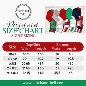 May include: Size chart for adult pajamas with measurements in inches for width, length, waist, and length. The chart shows sizes from small to 2X-large. The chart is on a white background with a green border. The text "Stitch & Thell" is in a wreath at the top of the chart.