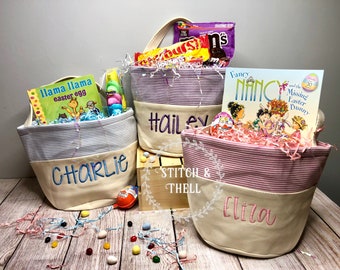 Personalized Seersucker Easter Basket, Kids Seersucker Easter Basket, Seersucker Canvas Easter Tote, Seersucker Easter Tote