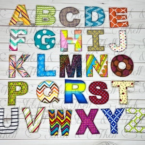 May include: A set of 26 colorful fabric letters, each with a different pattern, arranged in alphabetical order. The letters are sewn with a white outline and are displayed on a white wooden background.
